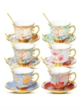 Vintage Style Floral Tea Cup and Saucer Set with Gold Accents 6pcs, 8oz
